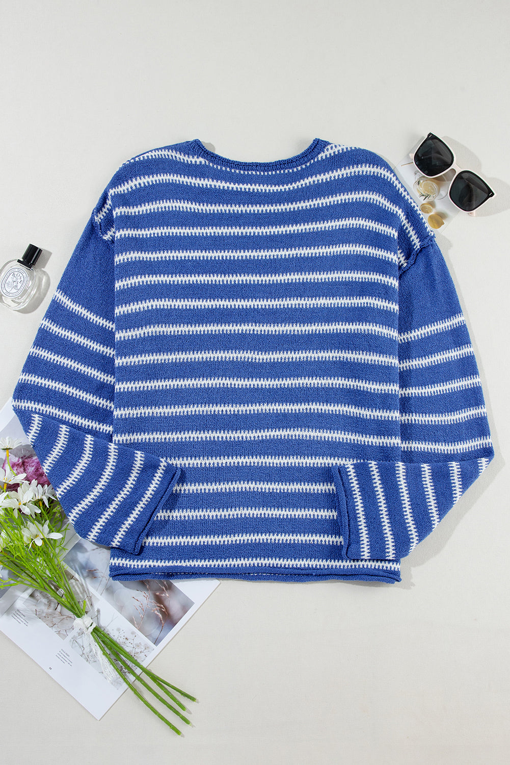 Khaki Stripe Drop Shoulder Casual Sweater