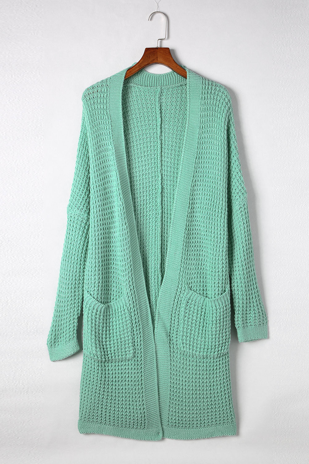 Green Long Line Open Front Knitted Cardigan with Pockets