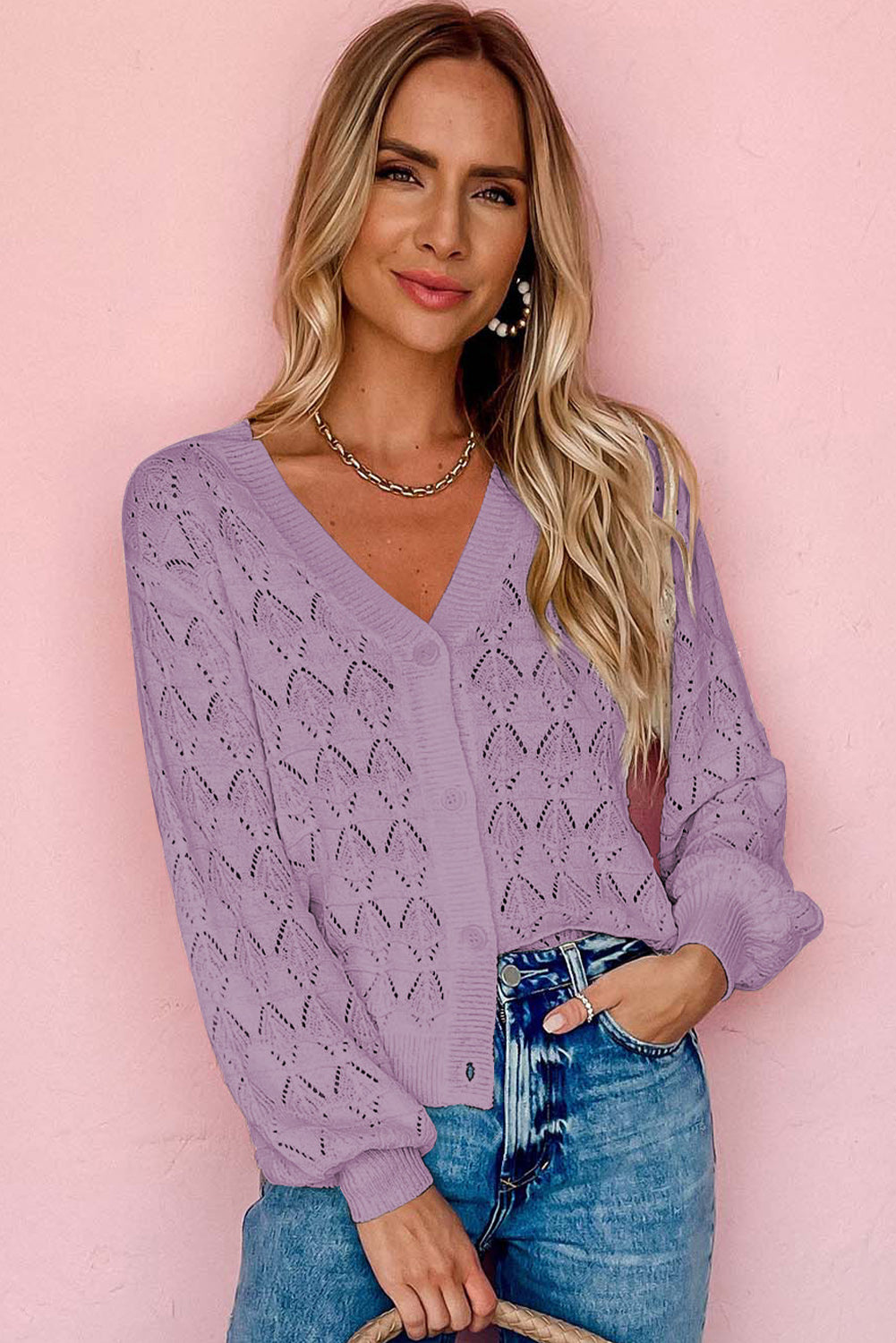 Blue Lightweight Buttoned Front Crochet Cardigan