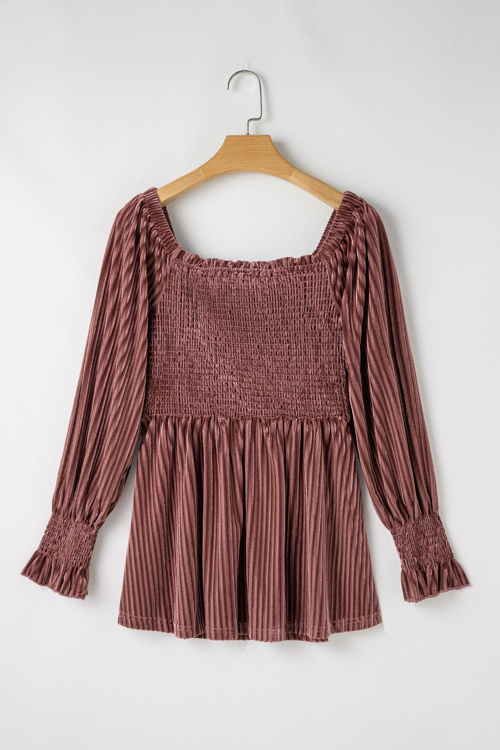 Blackish Green Smocked Ribbed Velvet Babydoll Top