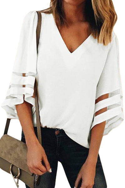Green Flare Sleeve V Neck Loose Blouse