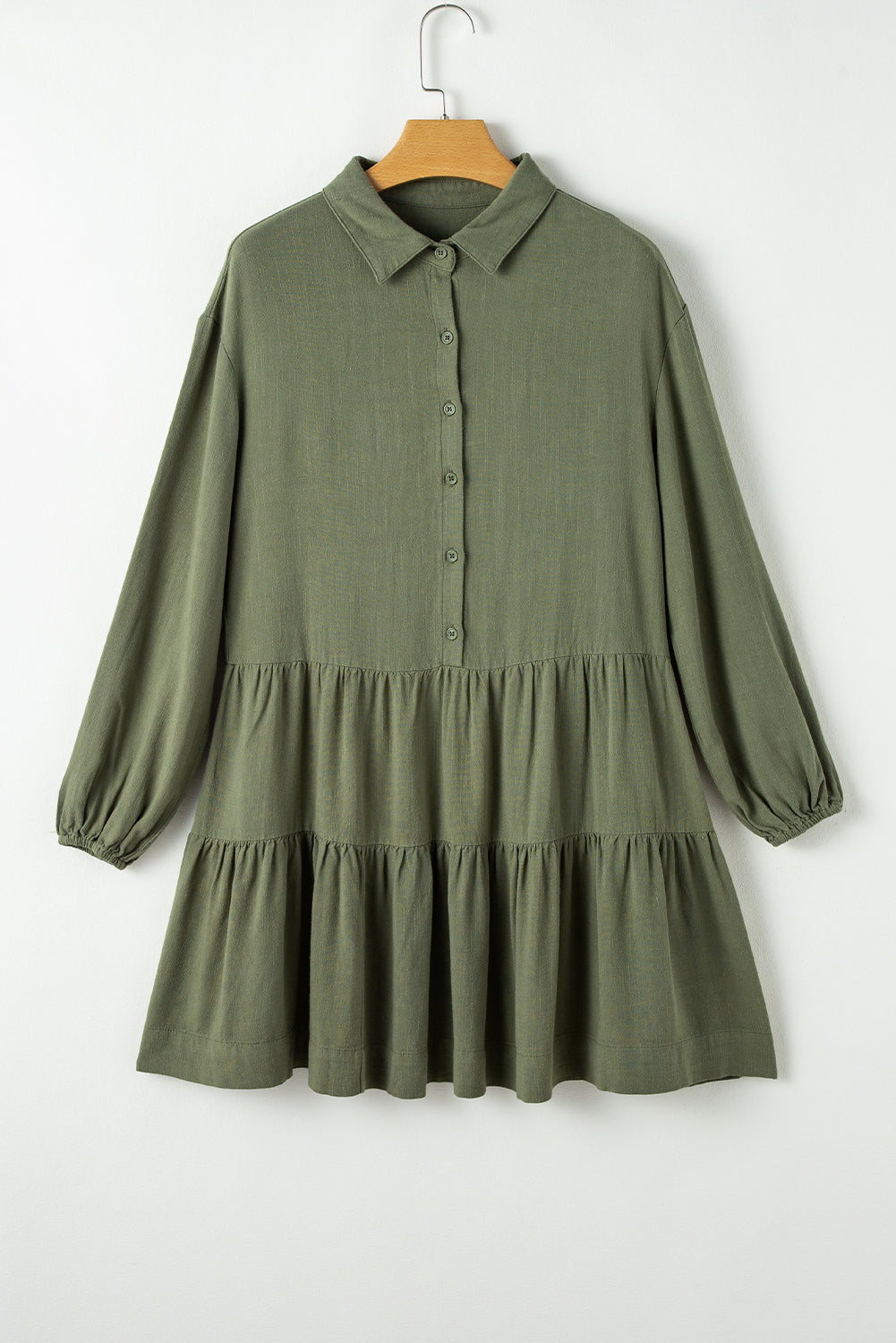 Tan Puff Sleeve Buttoned Tiered Pleated Shirt Mini Dress