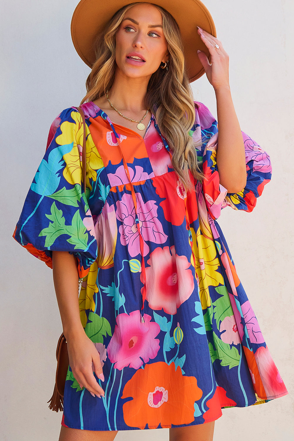 White Floral Print Split Neck Babydoll Dress