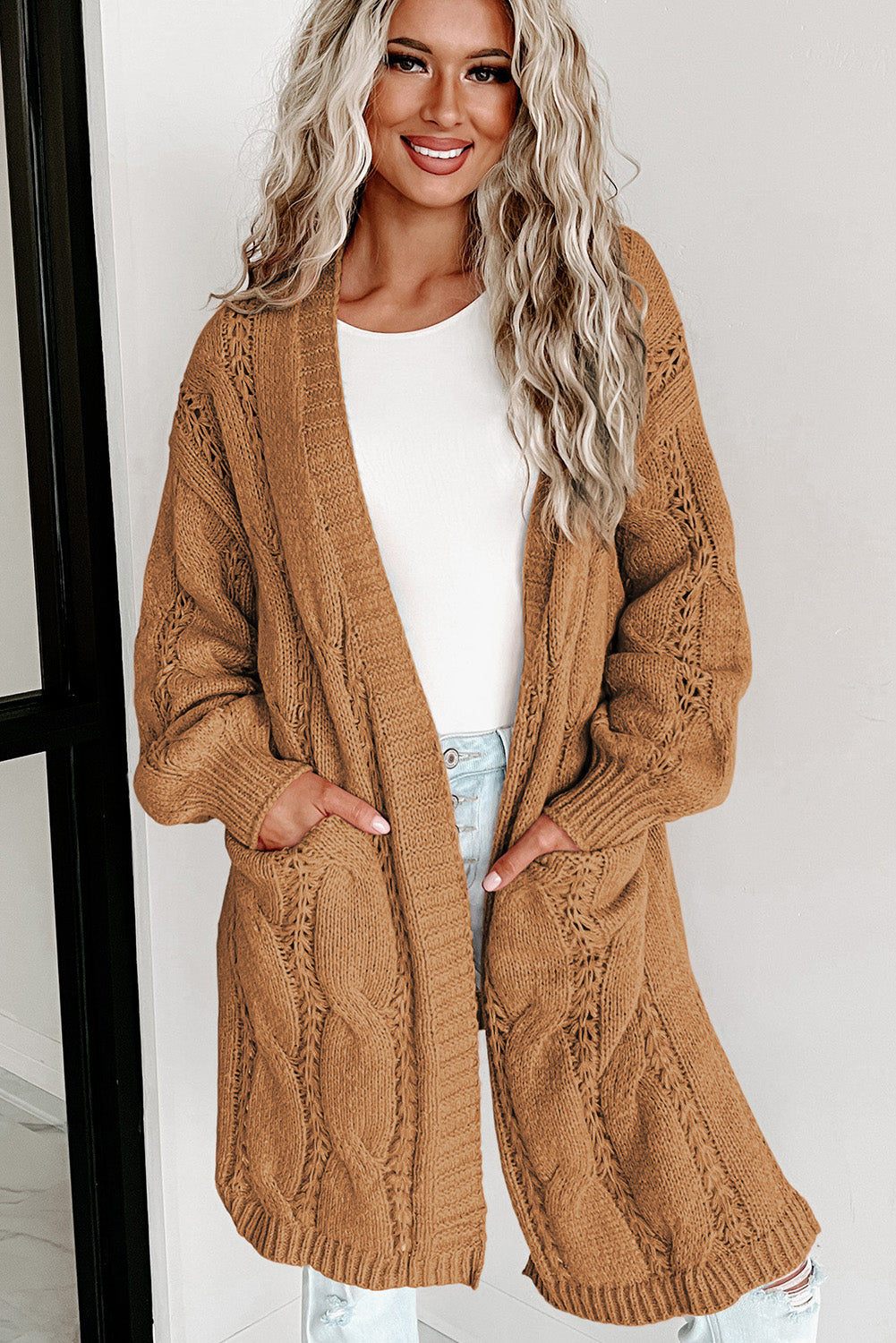 Black Ribbed Trim Eyelet Cable Knit Cardigan