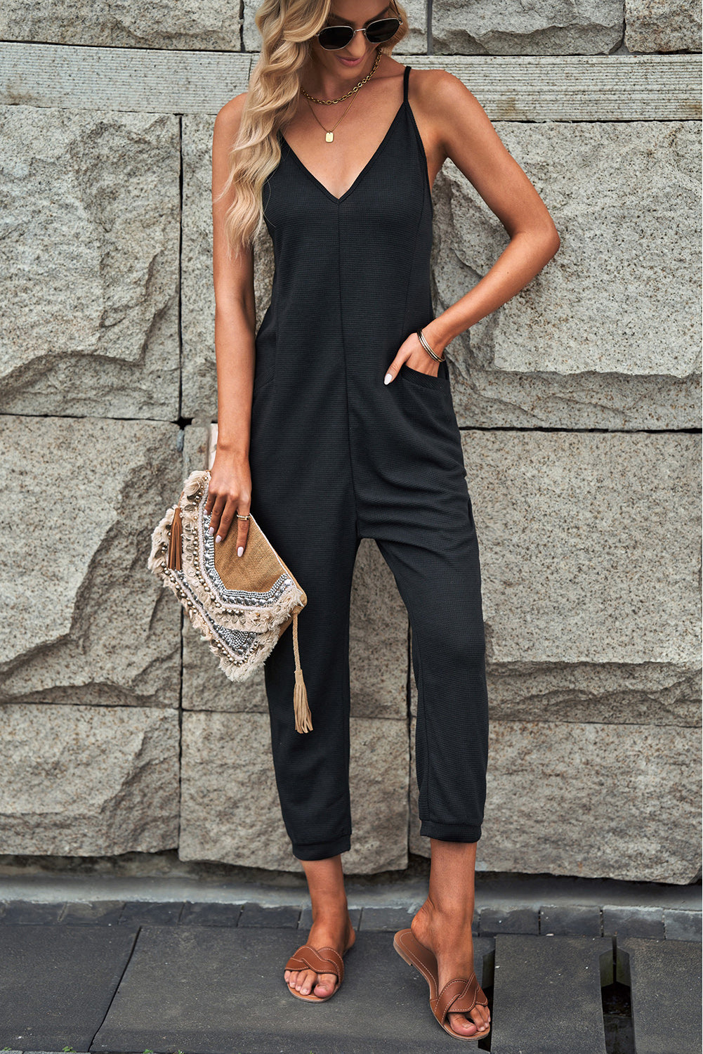 Gray Textured Sleeveless V-Neck Pocketed Casual Jumpsuit