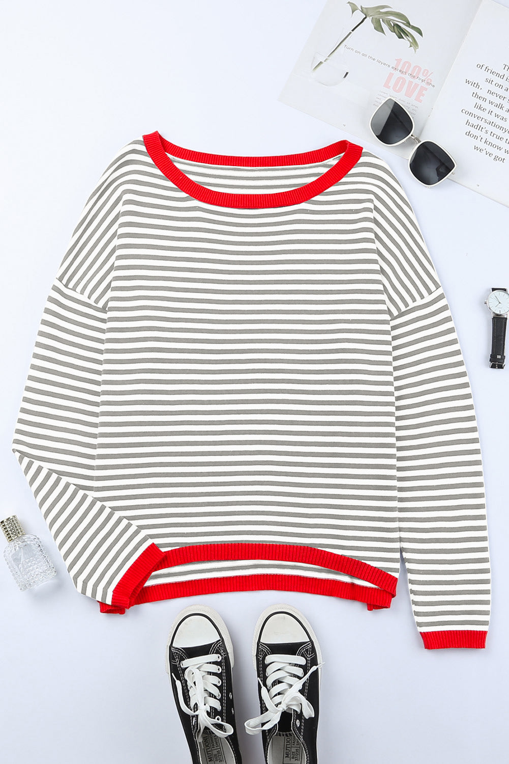 Fiery Red Contrast Trimmed Striped Drop Shoulder Sweater
