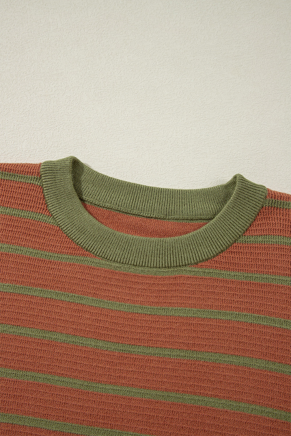 Pink Stripe Trimmed Round Neck Drop Shoulder Loose Sweater
