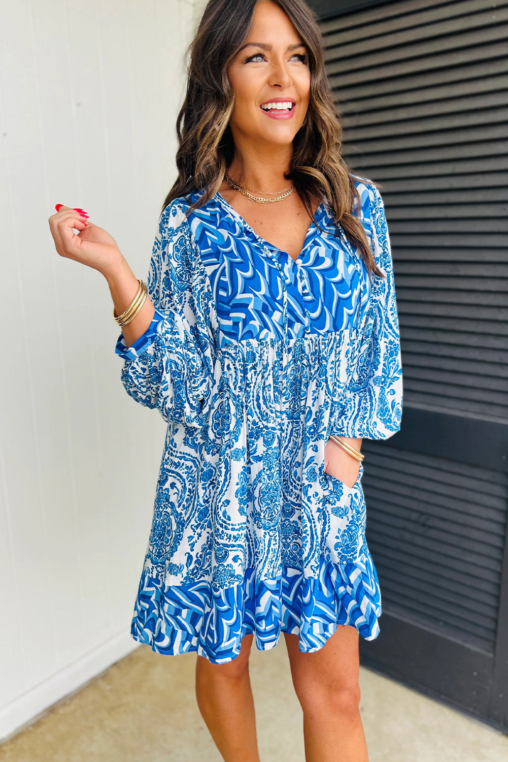 Orange Bohemian Print Puff Sleeve Tied V Neck Flared Mini Dress