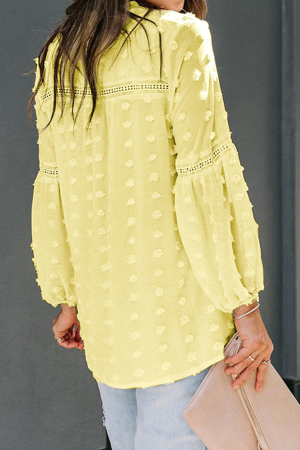 Blue Ruffled Split Neck Lace Hollow Out Puff Sleeve Polka Dot Blouse