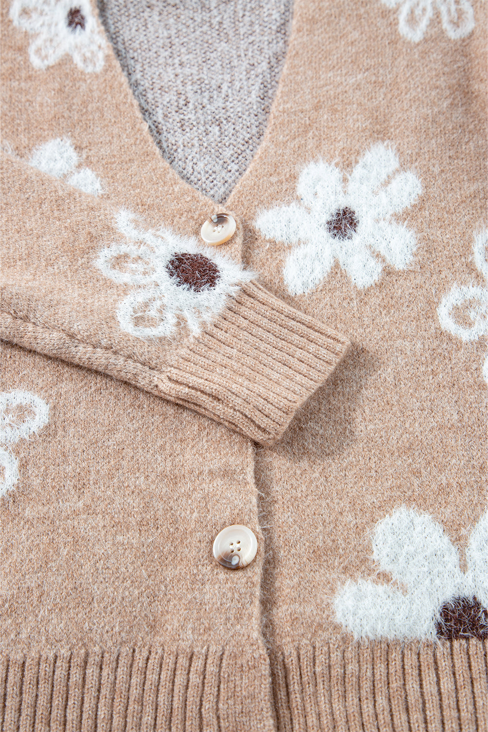 Light Grey Floral Print V Neck Knitted Button up Cardigan