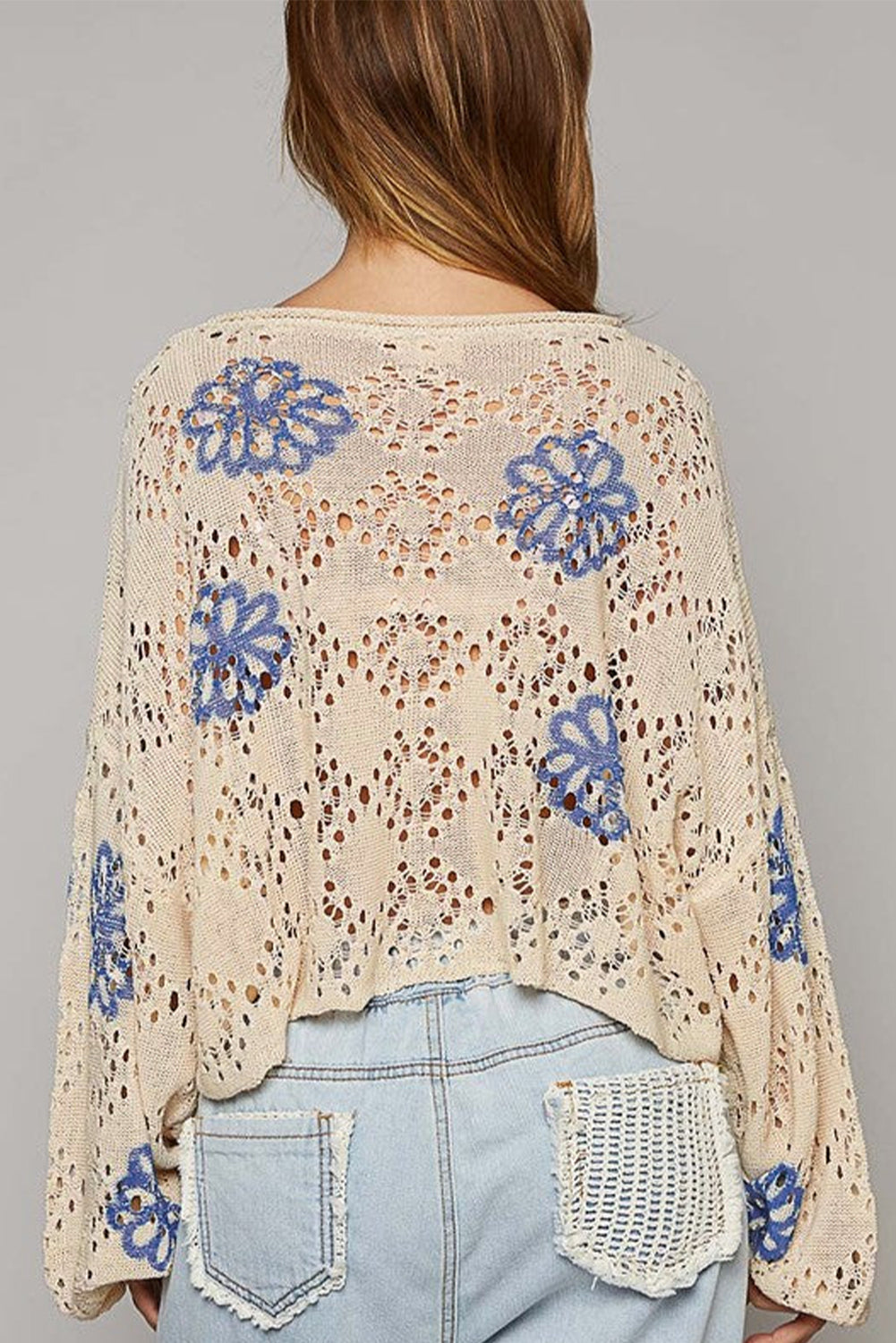 White Contrast Flower Print Eyelet Drop Shoulder Sweater