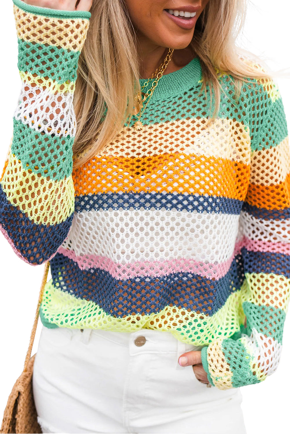 Rose Red Colorblock Patchwork Knit Crochet Eyelet Sweater