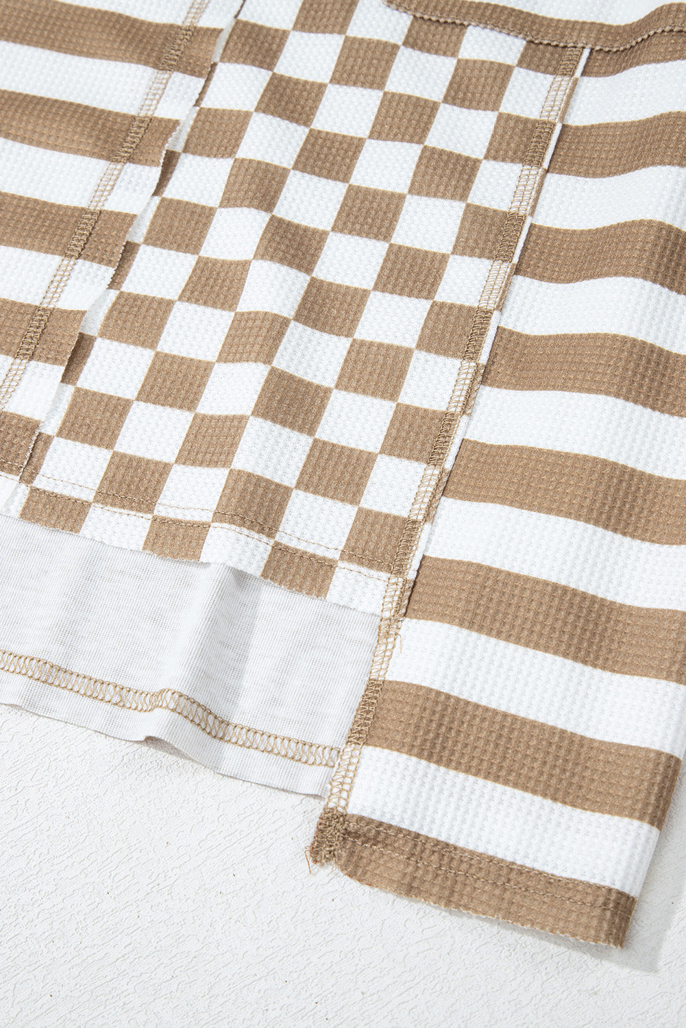 Rose Red Checkerboard Striped Patchwork Lantern Sleeve Pocketed Blouse