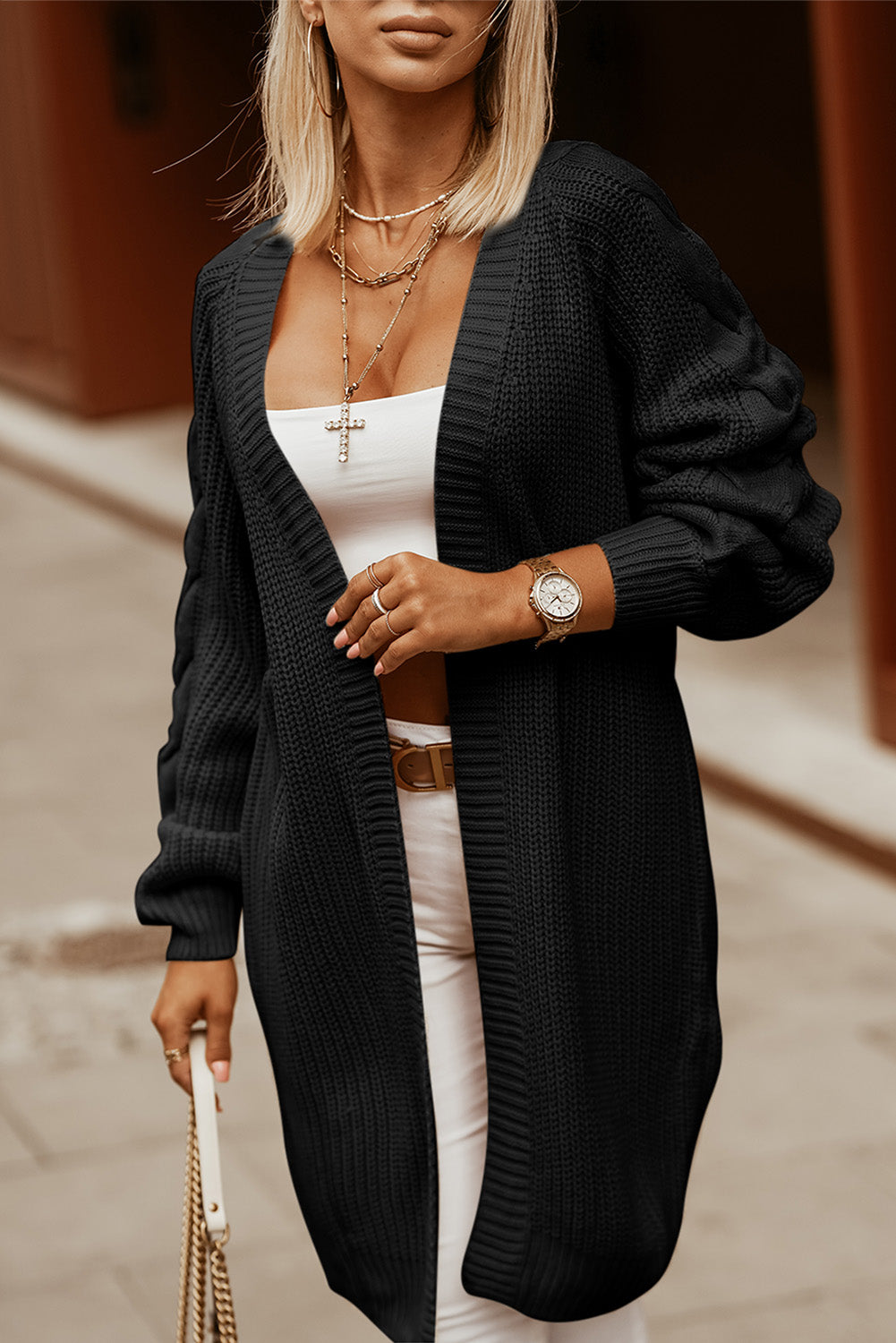 Khaki Open Front Cable Sleeve Long Cardigan