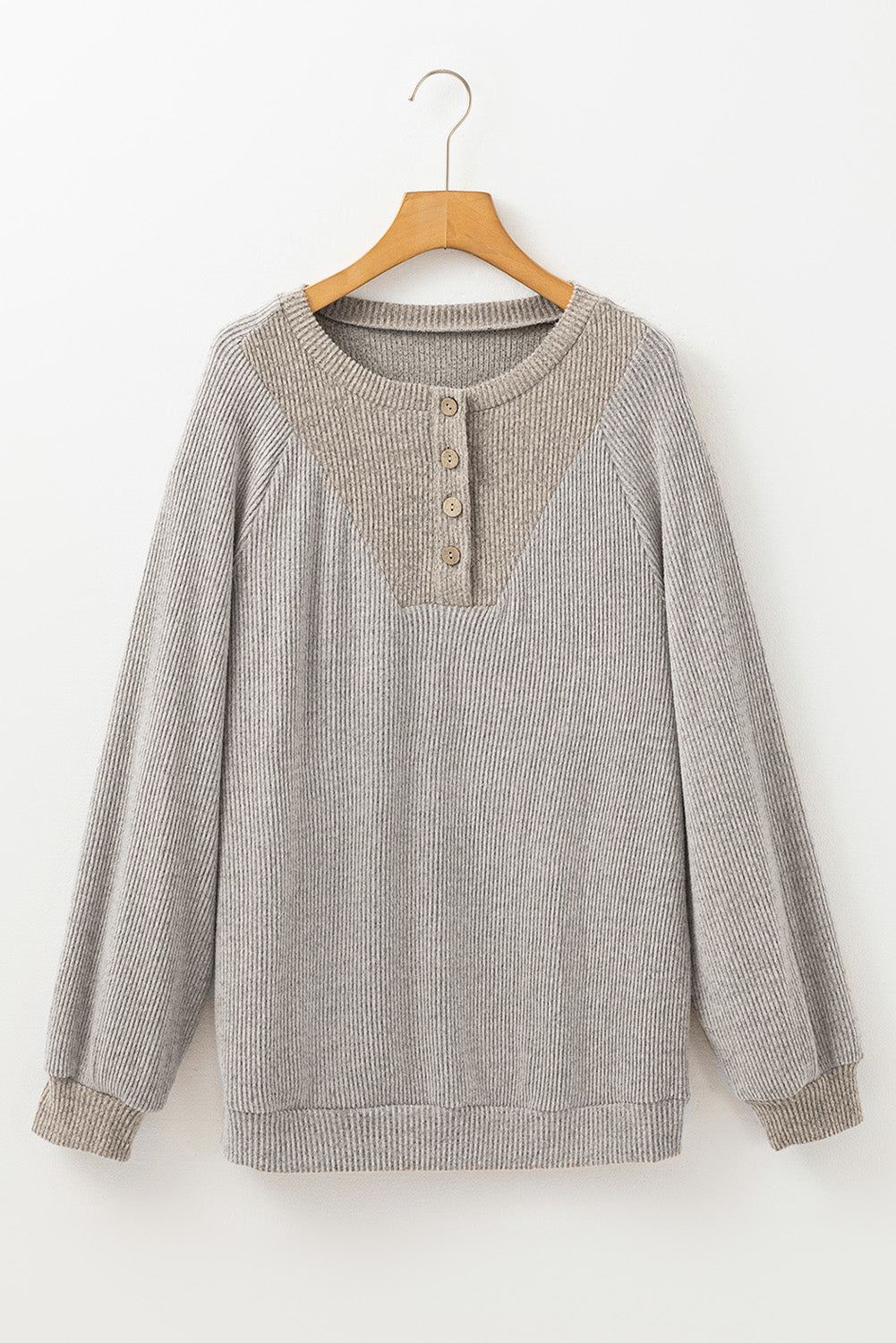 Black Color Contrast Ribbed Loose Fit Long Sleeve Top