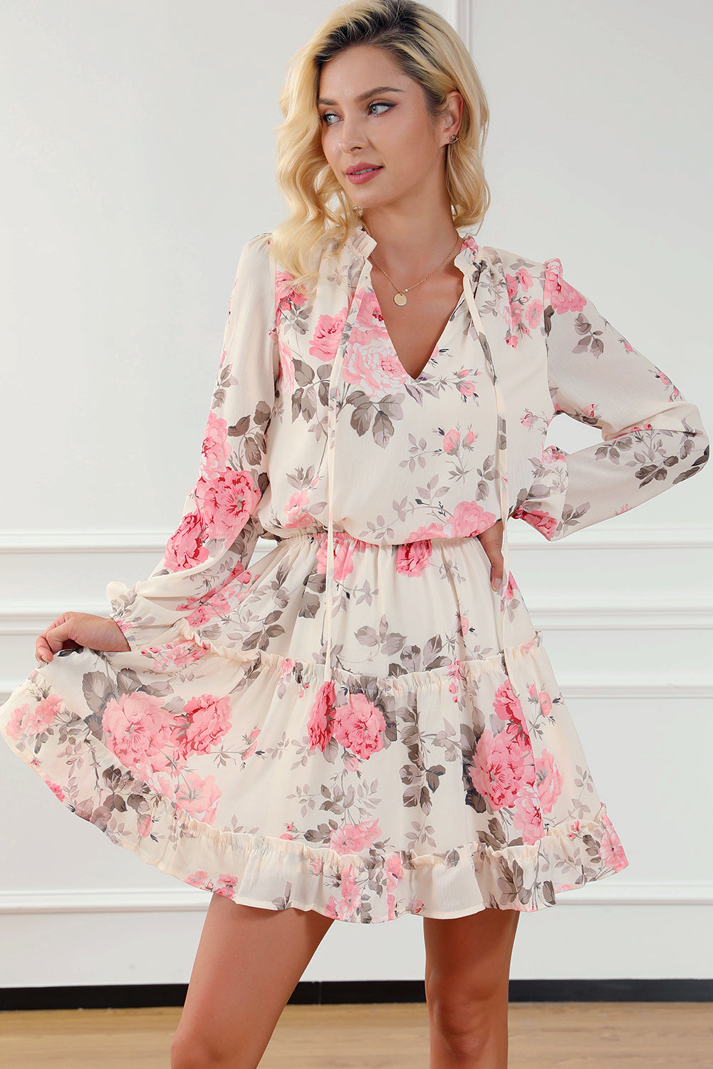 Beige Floral Split Neck Cinched Waist Ruffle Mini Dress