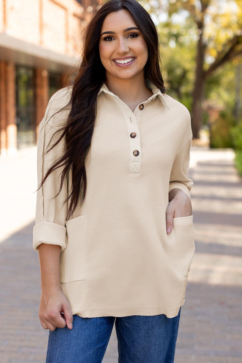 Smoke Green Waffle Long Sleeve Collar Half Button Loose Top