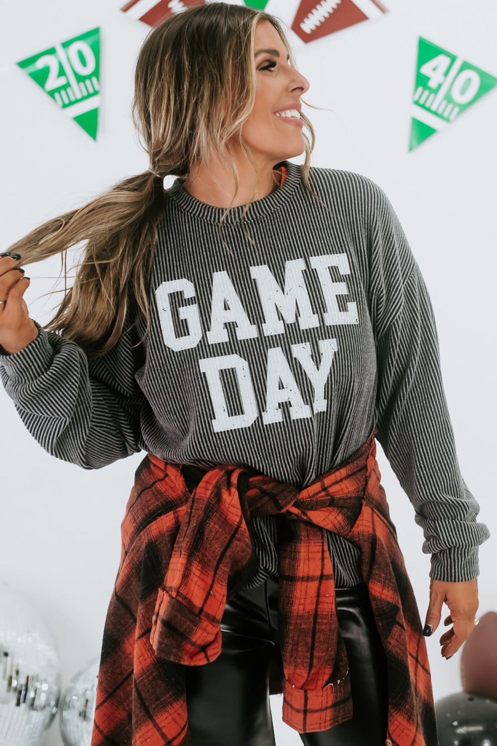 Bluing Corded GAME DAY Graphic Long Sleeve Crewneck Top