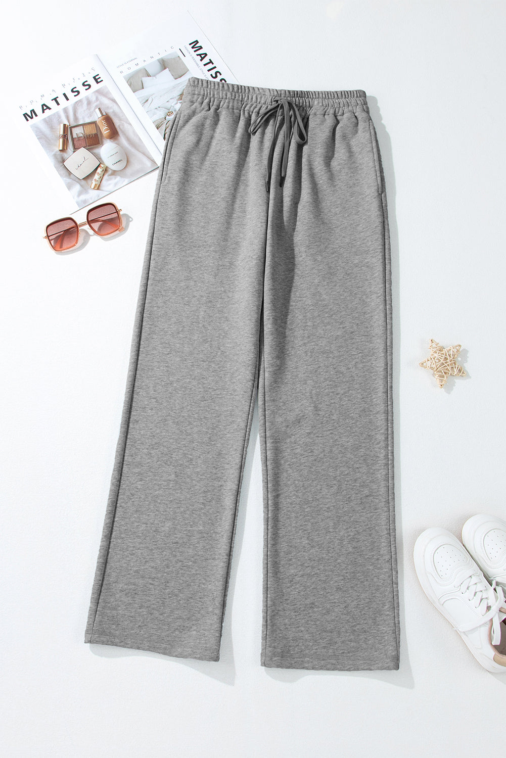 Navy Blue Solid Color Fleece Lined Drawstring Waist Casual Pants