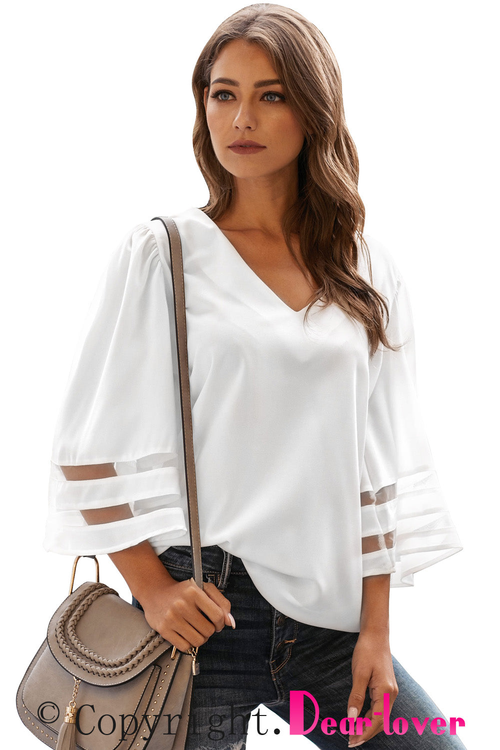 Green Flare Sleeve V Neck Loose Blouse
