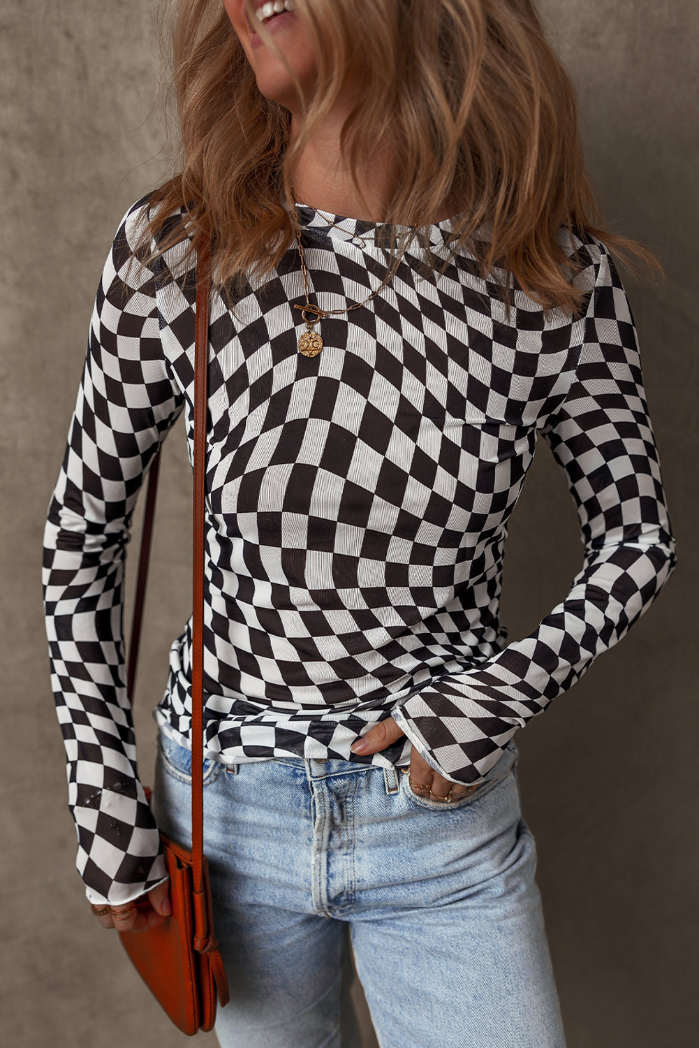 Khaki Checkered Pattern Mesh Mock Neck Long Sleeve Top