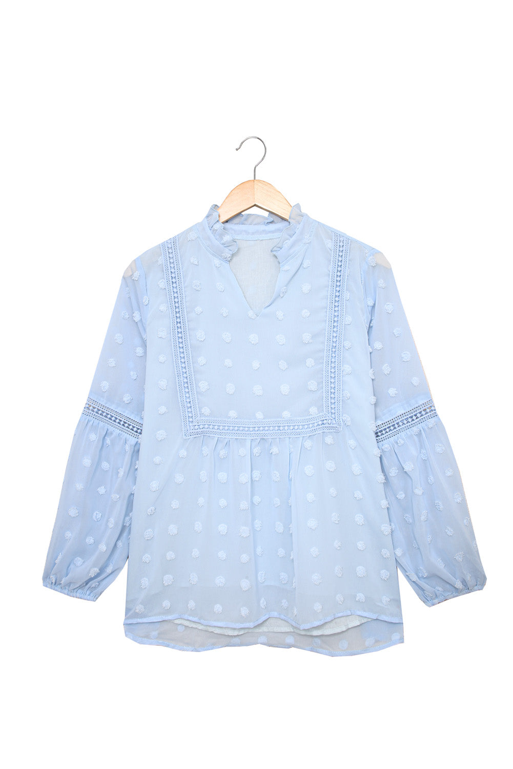 Blue Ruffled Split Neck Lace Hollow Out Puff Sleeve Polka Dot Blouse