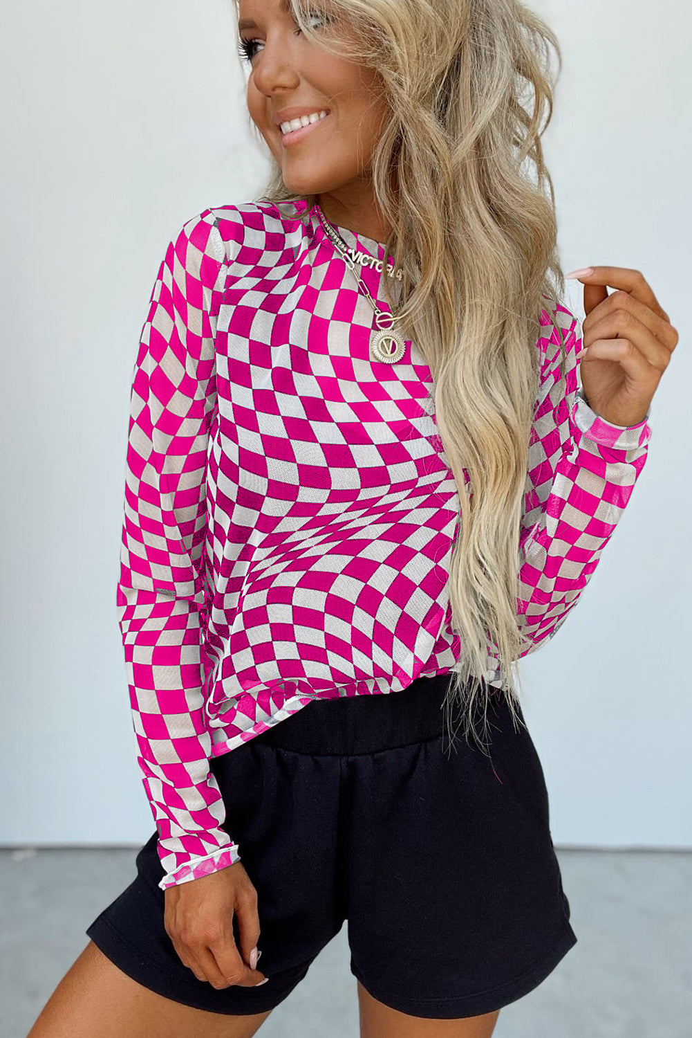 Khaki Checkered Pattern Mesh Mock Neck Long Sleeve Top