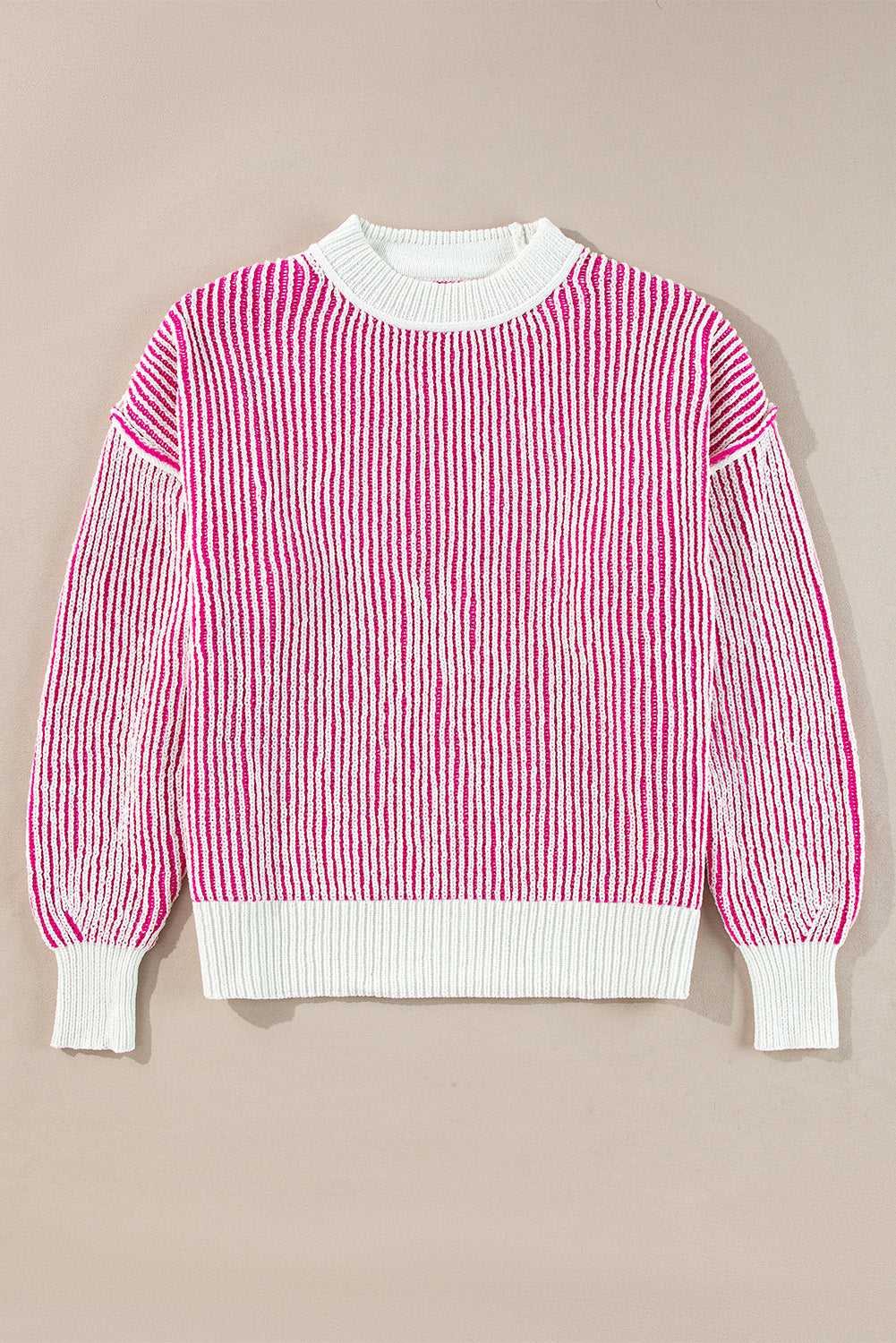 Dark Blue Striped Textured Knit Contrast Edge Loose Sweater