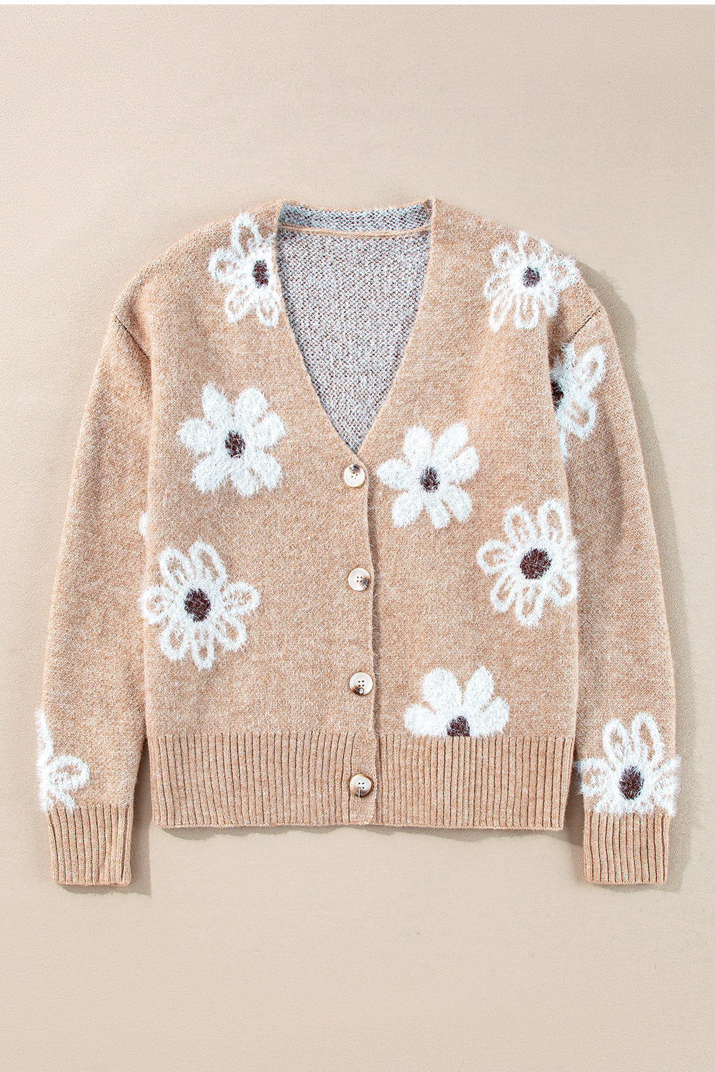 Light Grey Floral Print V Neck Knitted Button up Cardigan