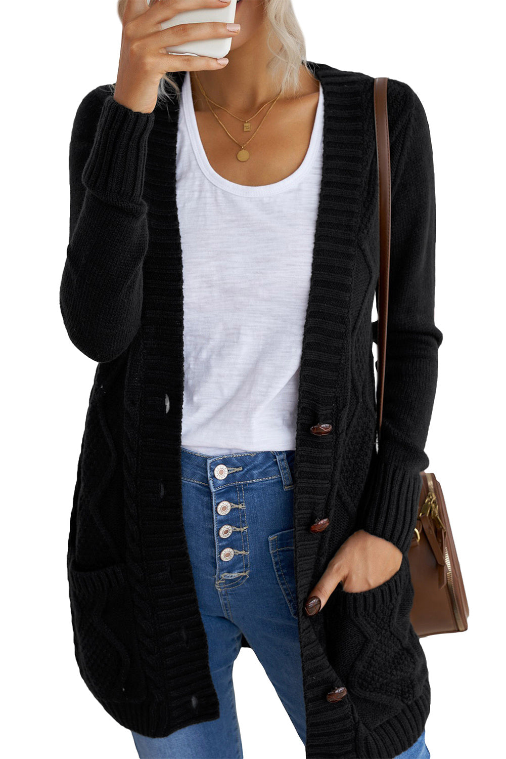 Blue Front Pocket and Buttons Closure Cardigan
