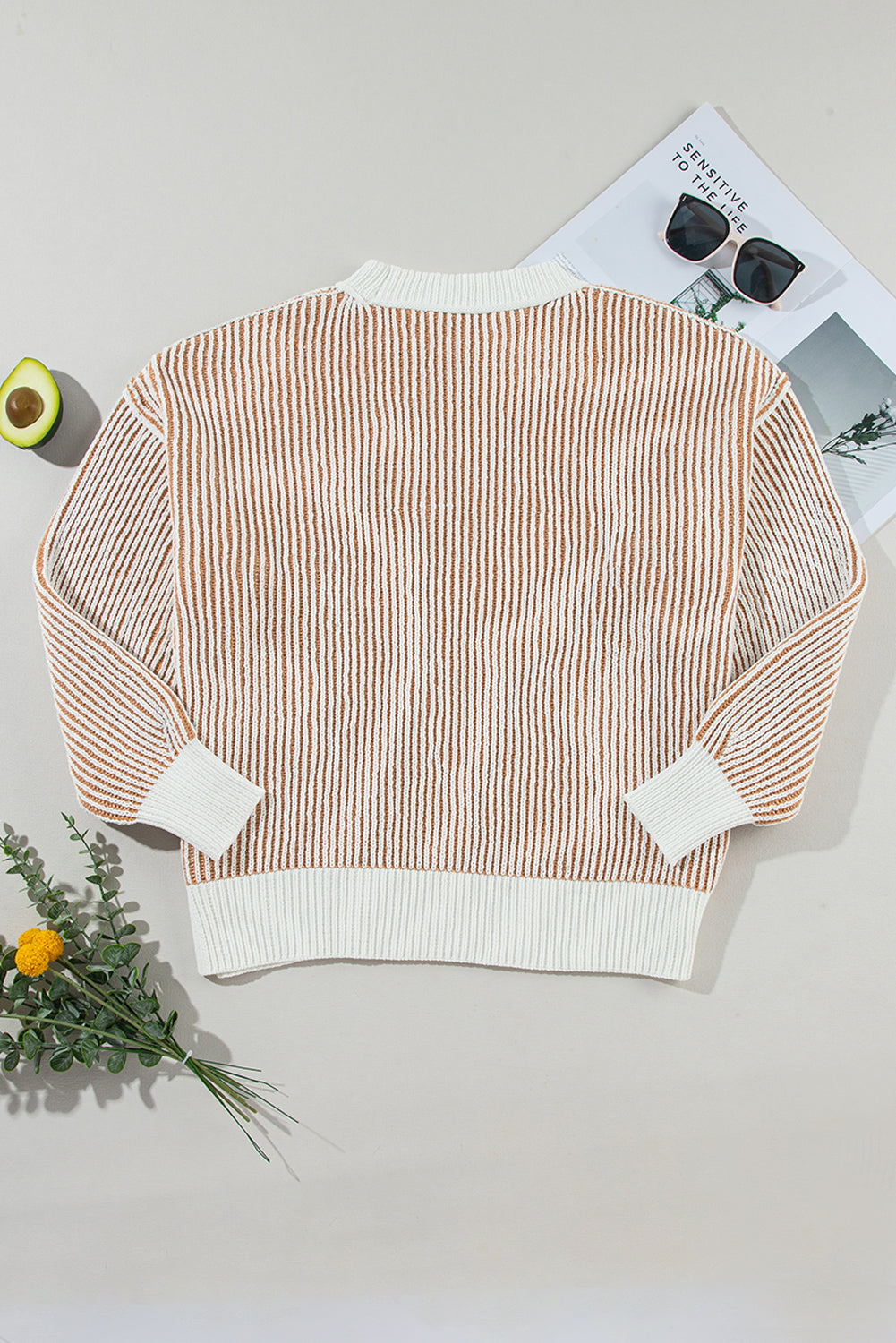Dark Blue Striped Textured Knit Contrast Edge Loose Sweater