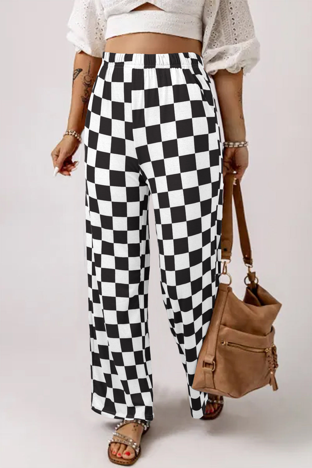 Green 2-Tone Checked Print High Waist Wide Leg Pants