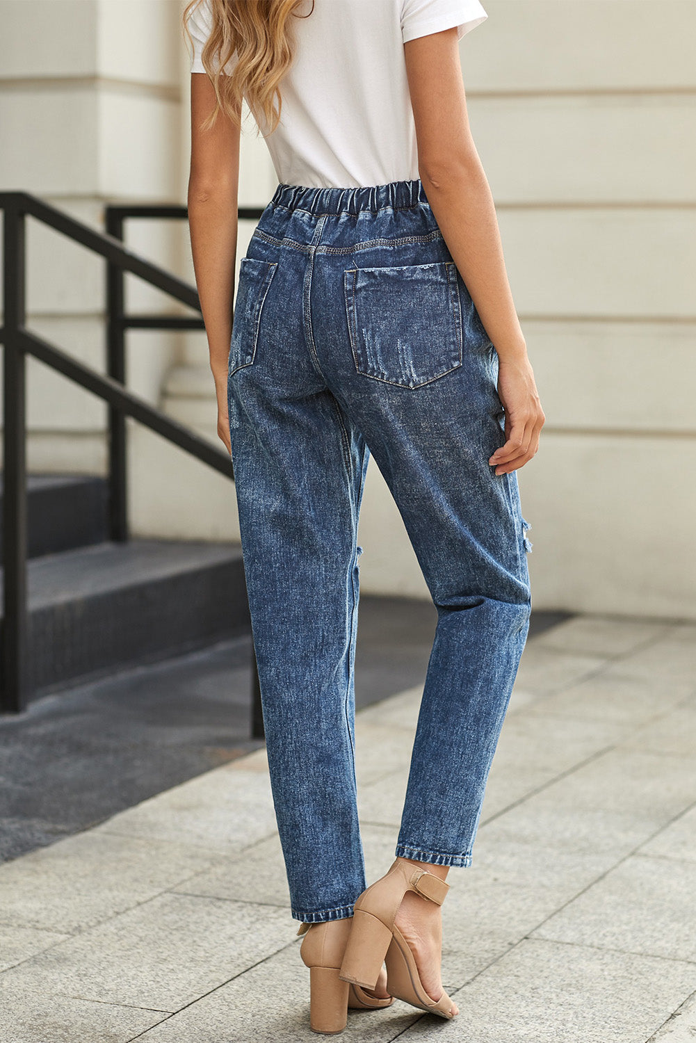 Sky Blue Gather Round Distressed Pocketed Denim Jogger