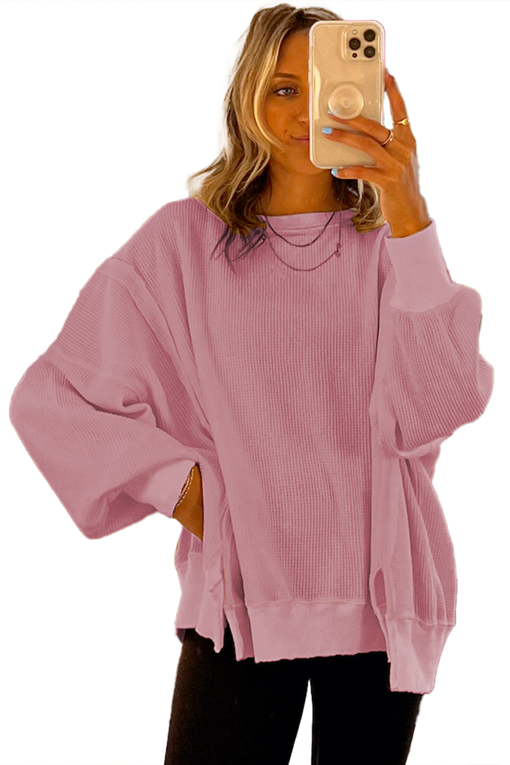Gray Waffle knit Bishop Sleeve Split Oversized Top
