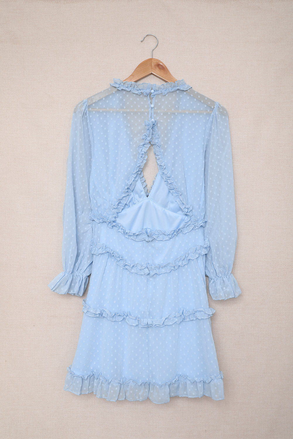 Pink Layered Ruffled Open Back Puff Sleeve Swiss Dot Mini Dress