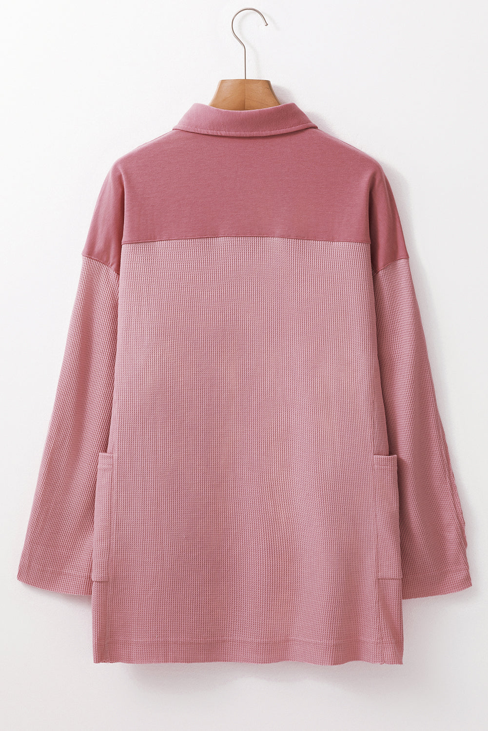 Smoke Green Waffle Long Sleeve Collar Half Button Loose Top