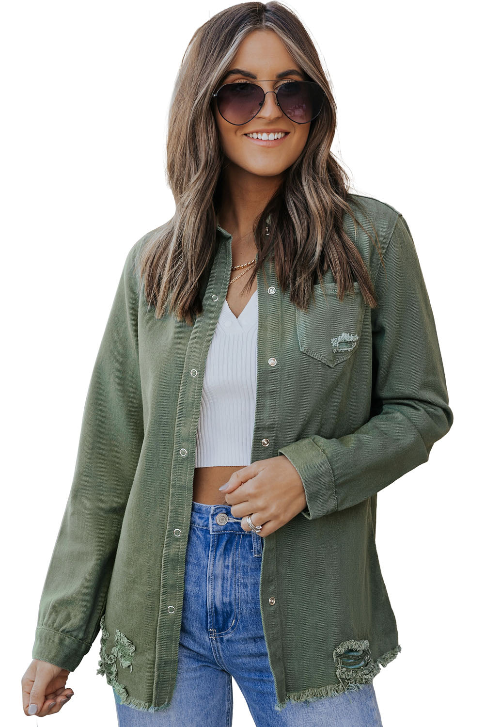 Green Ripped Denim Jacket