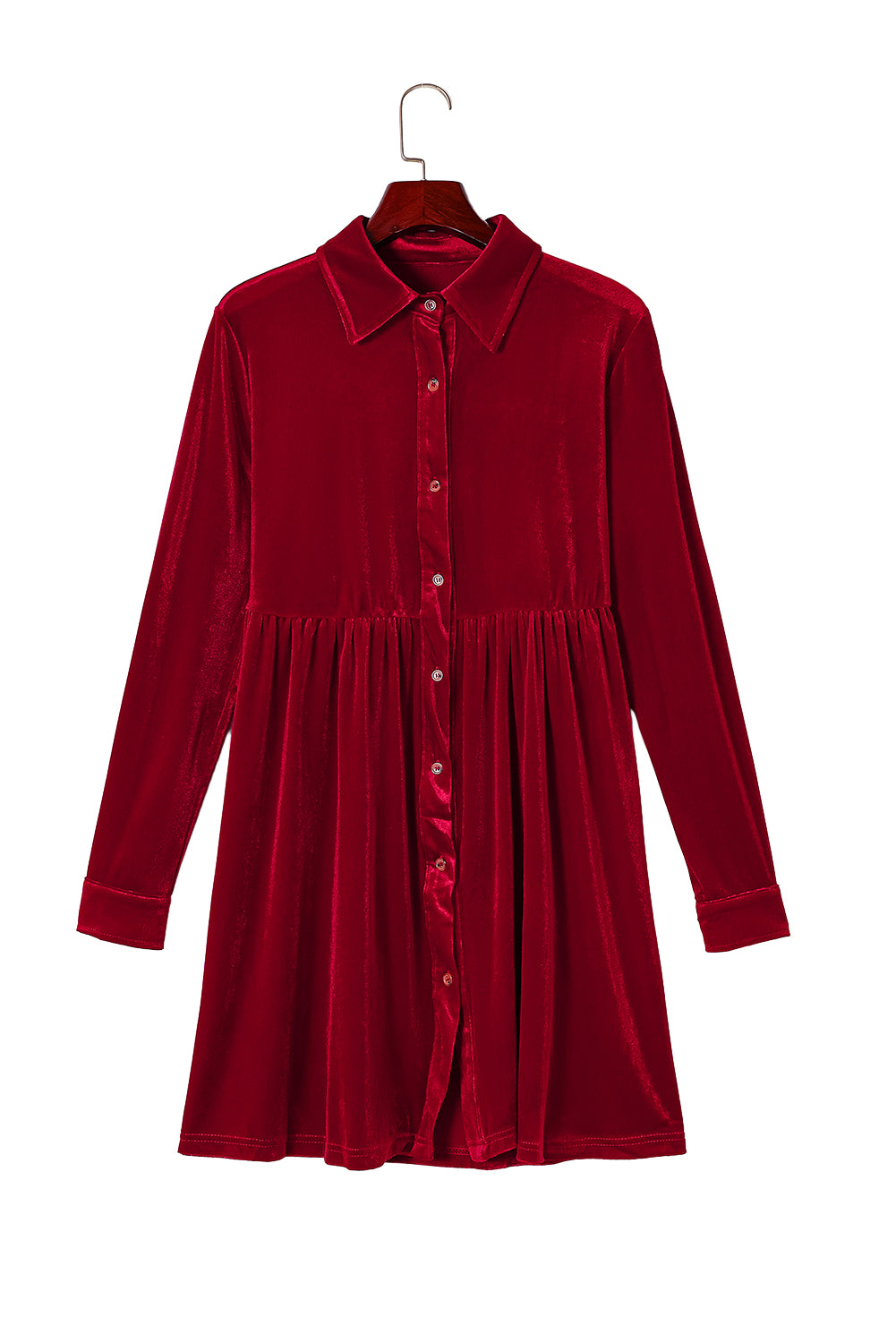 Green Long Sleeve Ruffle Velvet Button Up Dress