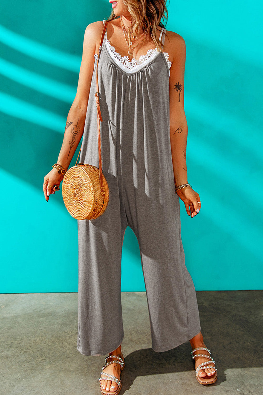 Fiery Red Spaghetti Straps Wide Leg Pocketed Jumpsuits