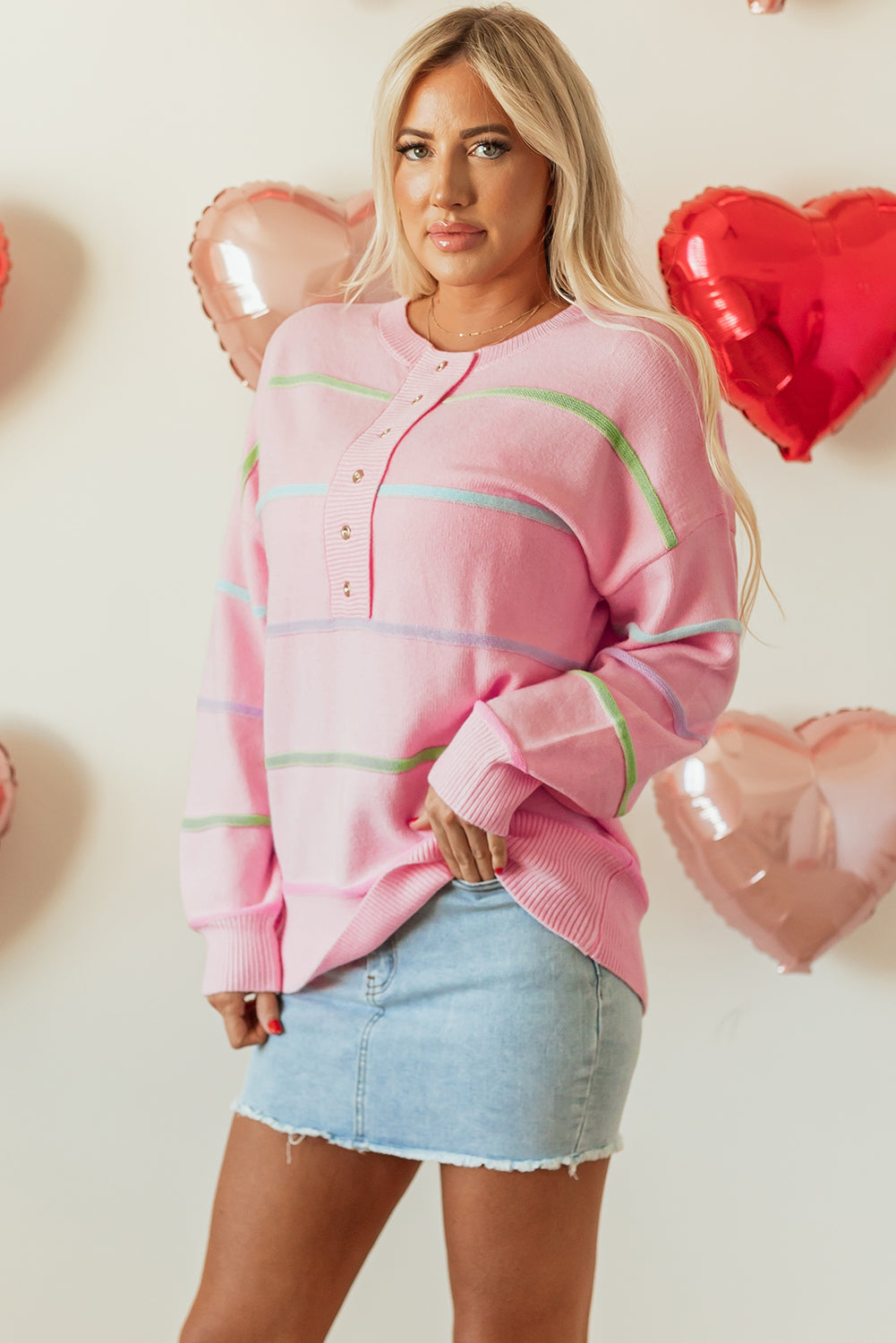 White Rainbow Stripes Drop Shoulder Baggy Henley Sweater