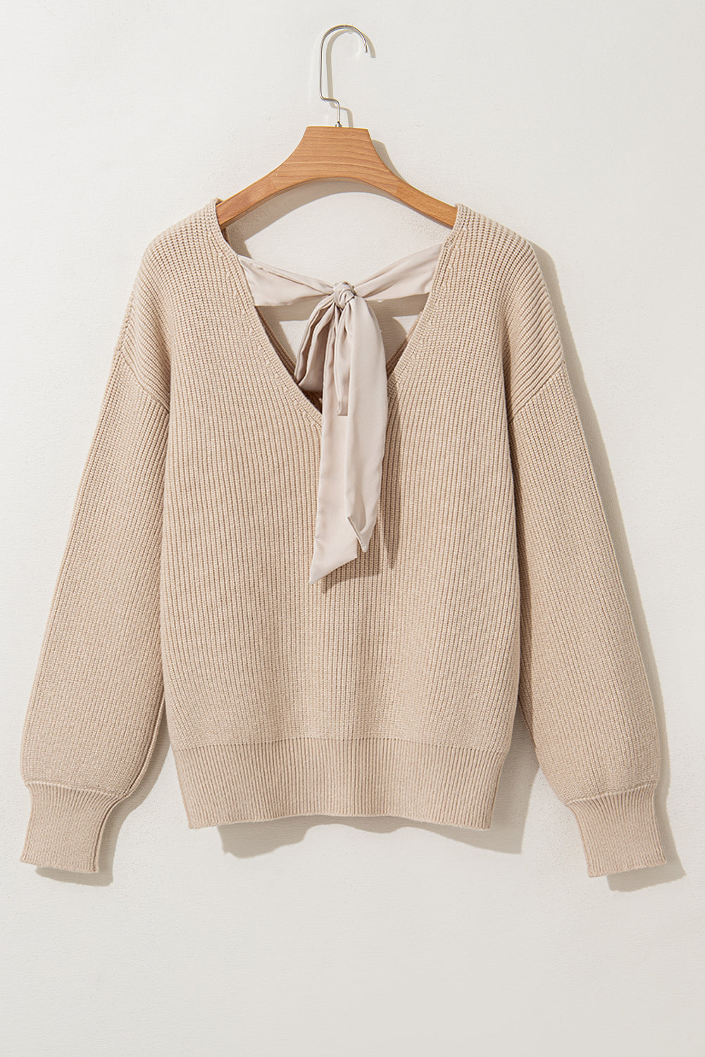 Coffee Lantern Sleeve V Neck Knot Back Sweater
