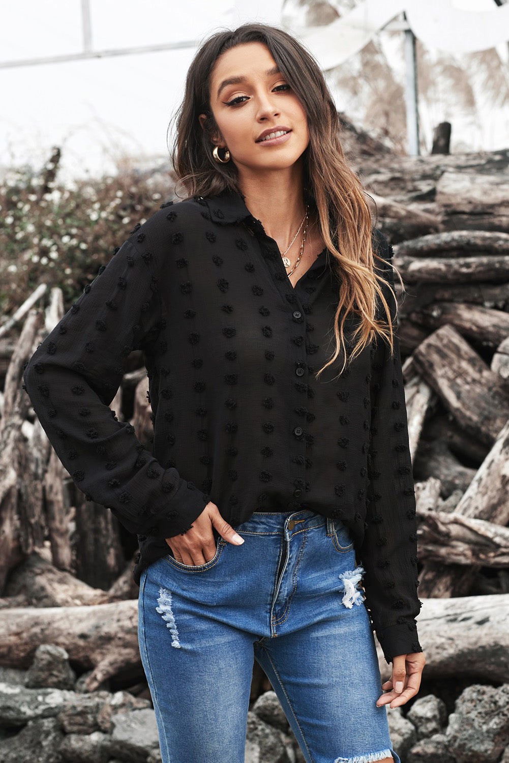 Gray Long Sleeve Button Fuzzy Polka Dot Shirt