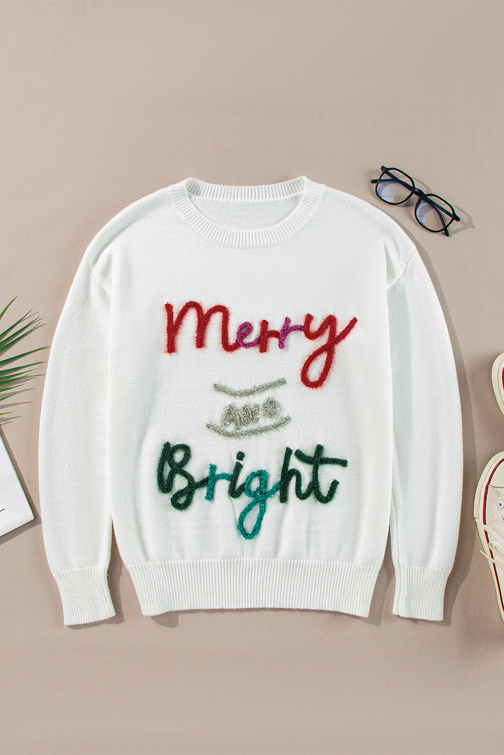 Black Tinsel Merry and Bright Graphic Christmas Sweater