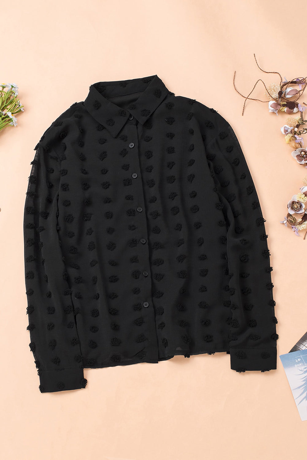 Gray Long Sleeve Button Fuzzy Polka Dot Shirt