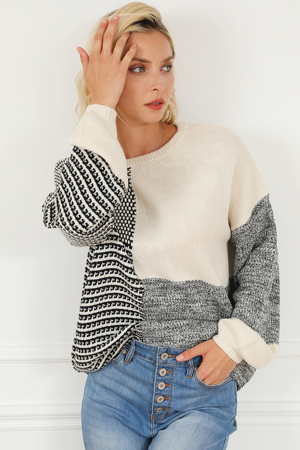 Bonbon Neutral Colorblock Tie Back Sweater