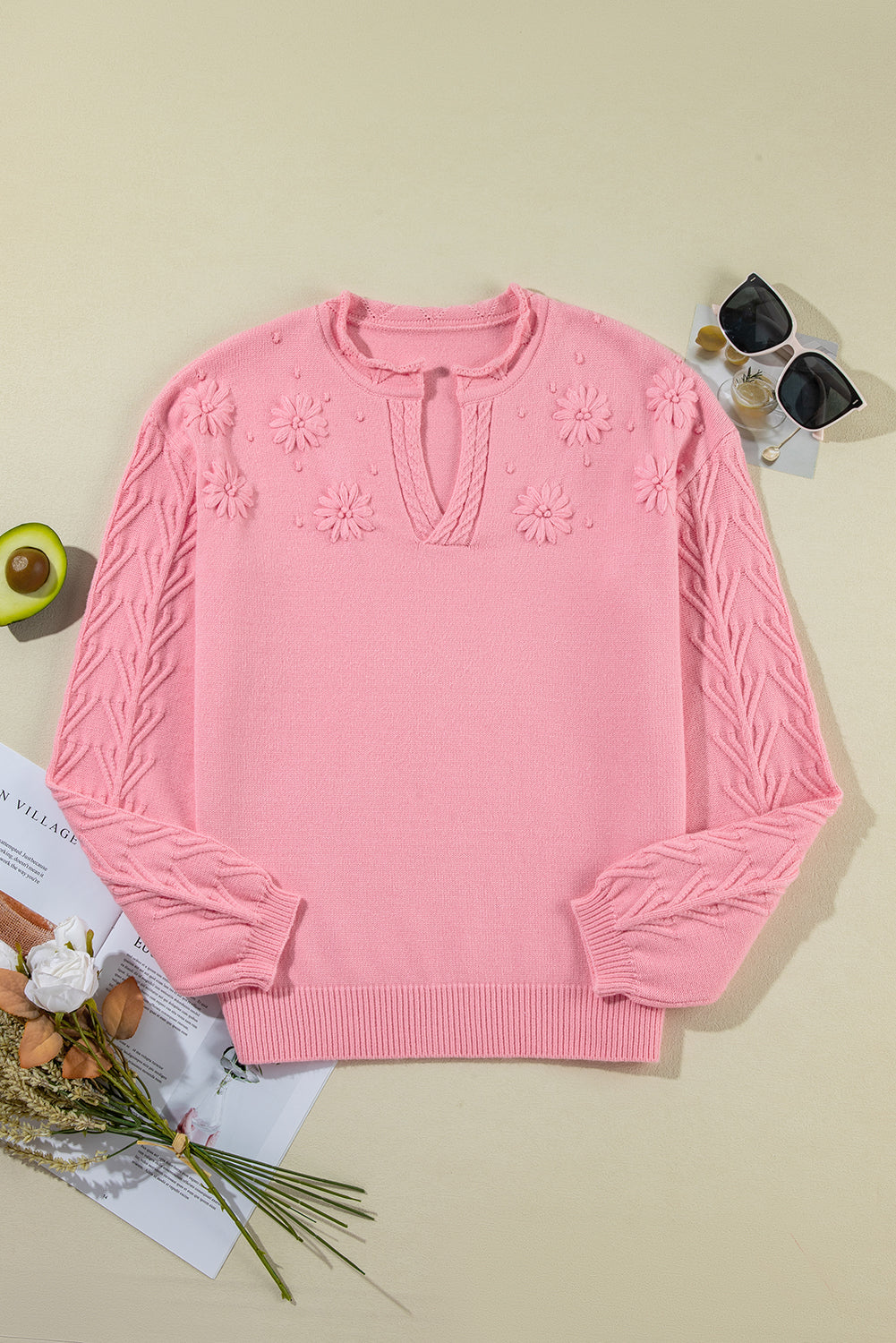 White Flower Detail Knitted Notched Neck Sweater