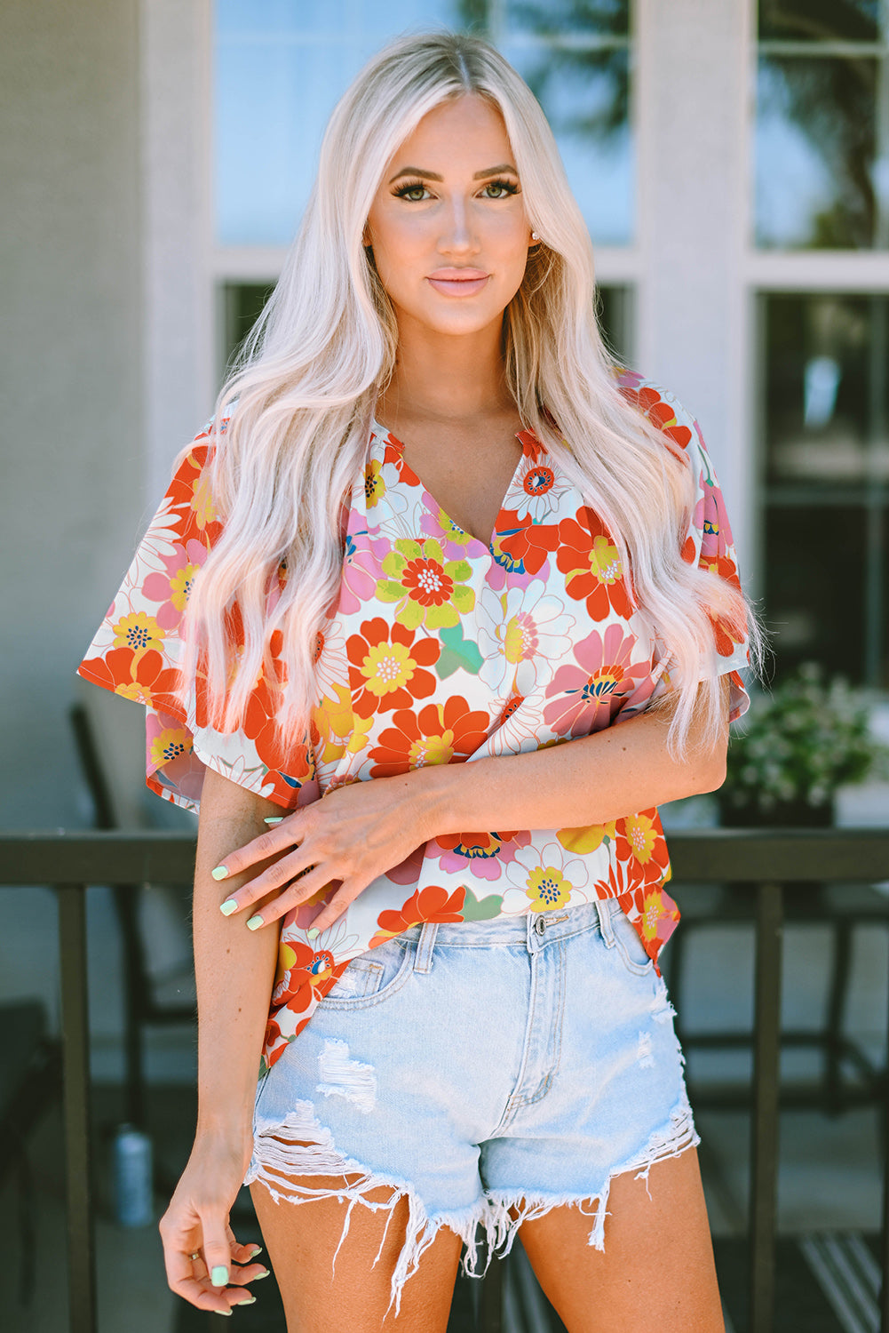 Multicolor Floral Print V Neck Half Sleeve Blouse