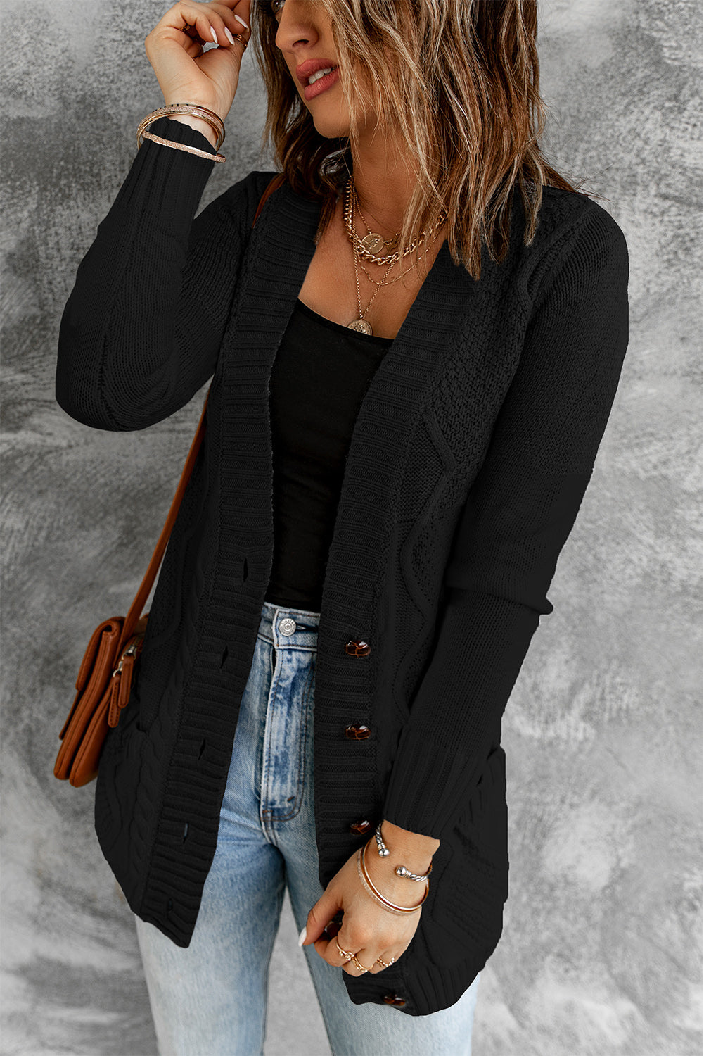 Blue Front Pocket and Buttons Closure Cardigan