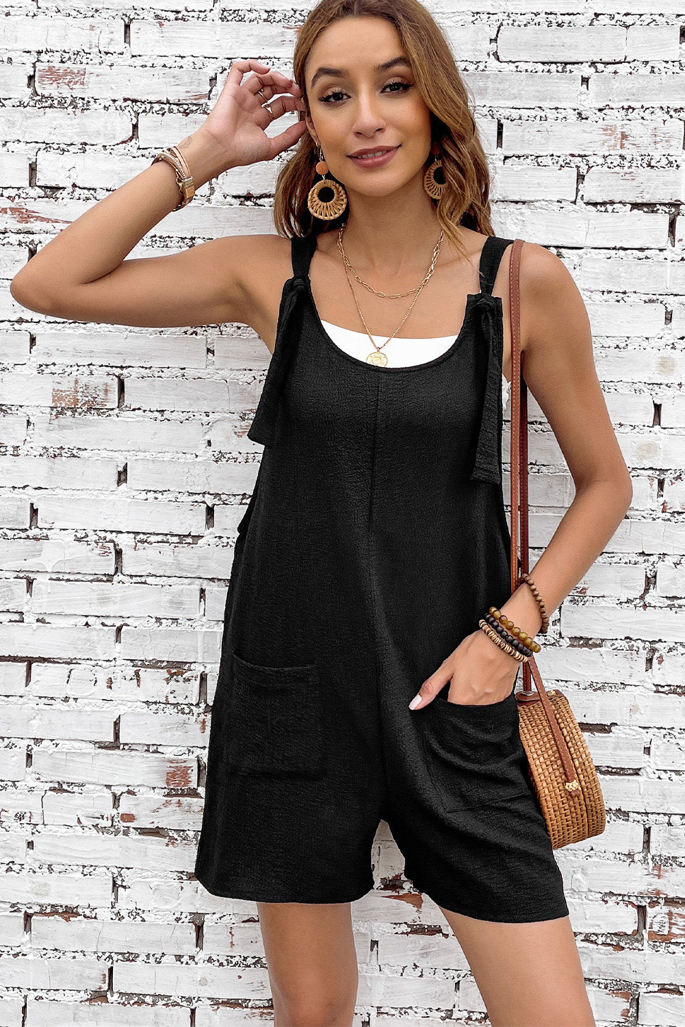 Pink Adjustable Straps Pocketed Textured Romper