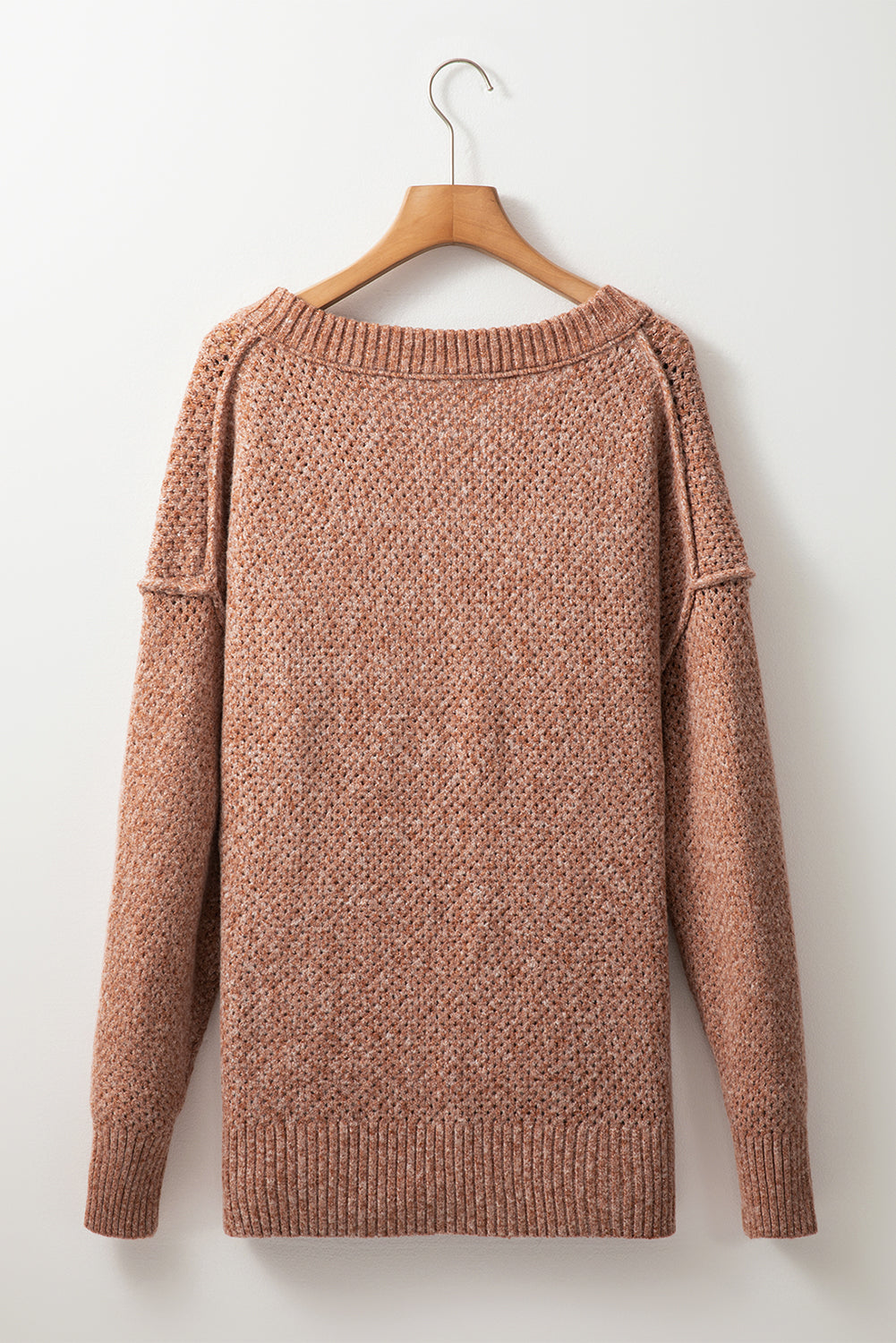 Jungle Green Loose Eyelet V Neck Drop Shoulder Sweater